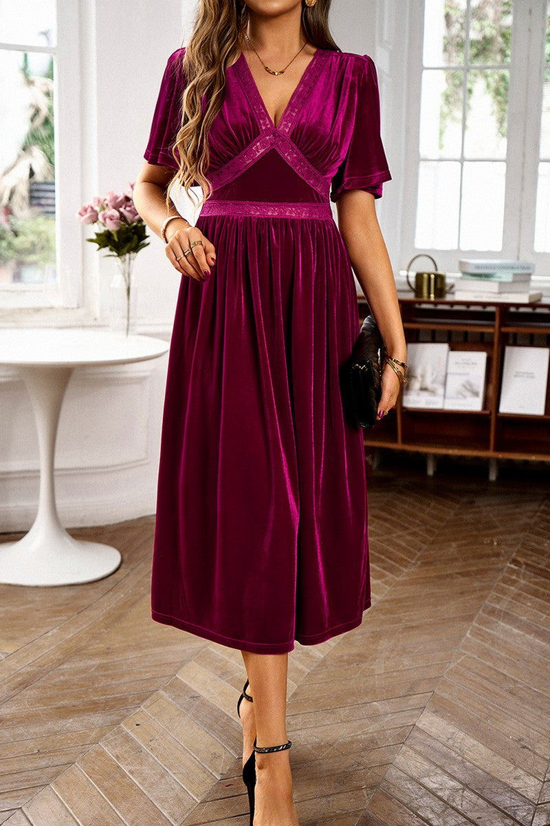 WOMEN SEXY V NECK SHORT SLEEVE SLIM PARTY DRESS