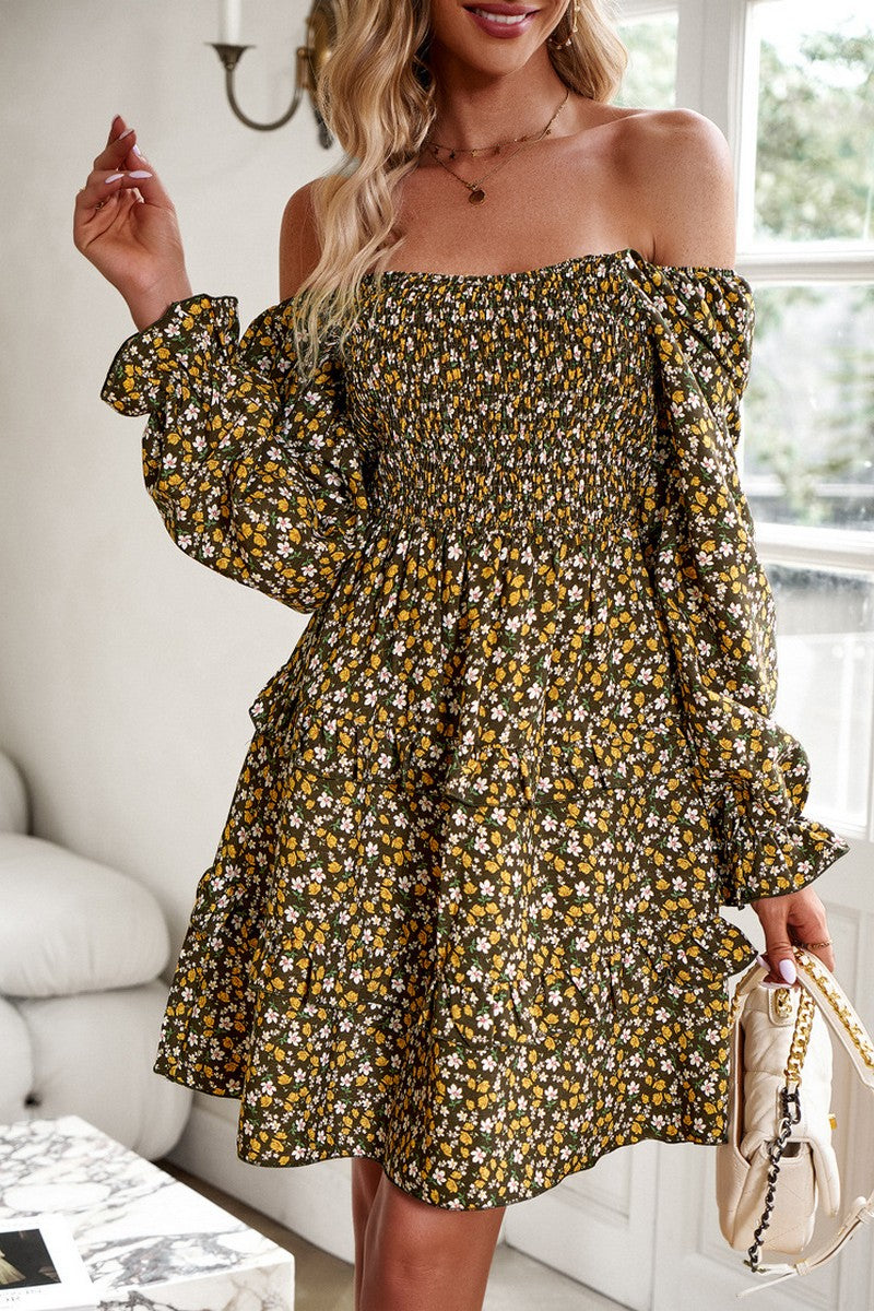 WOMEN OFF SHOULDER LONG SLEEVE RUFFLED DRESS