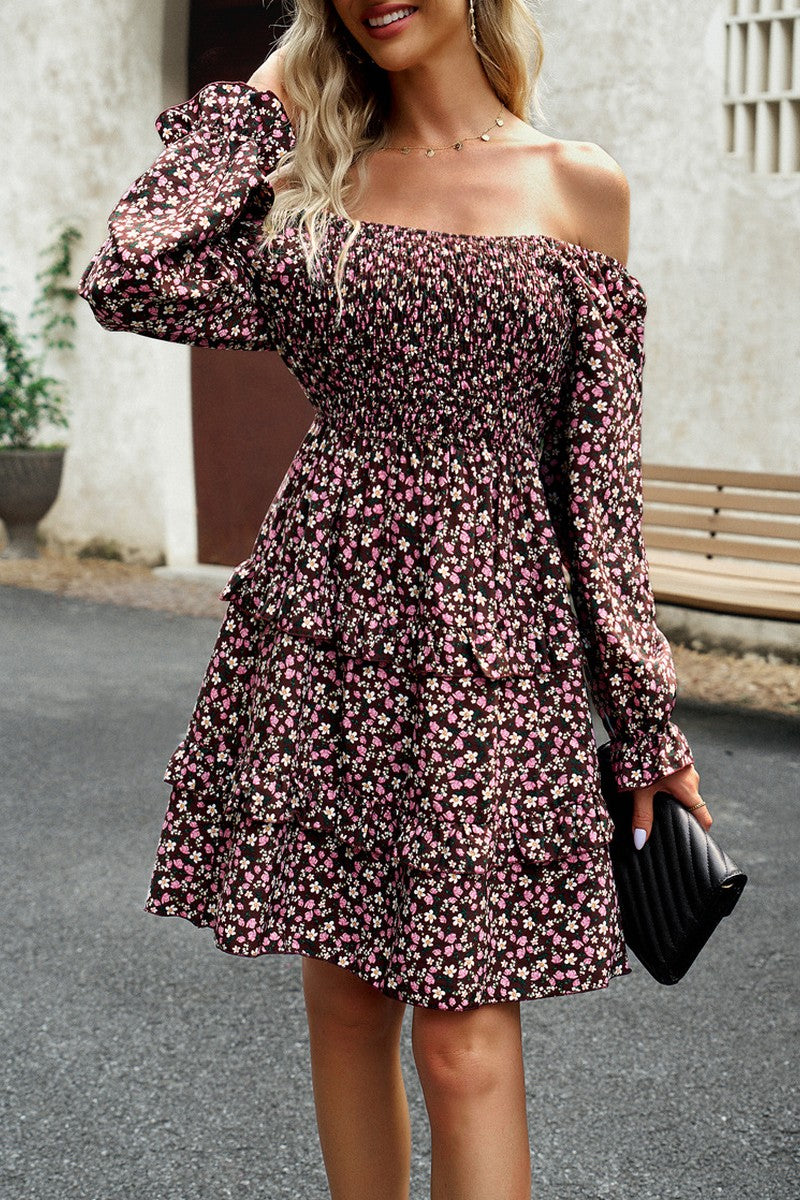 WOMEN OFF SHOULDER LONG SLEEVE RUFFLED DRESS