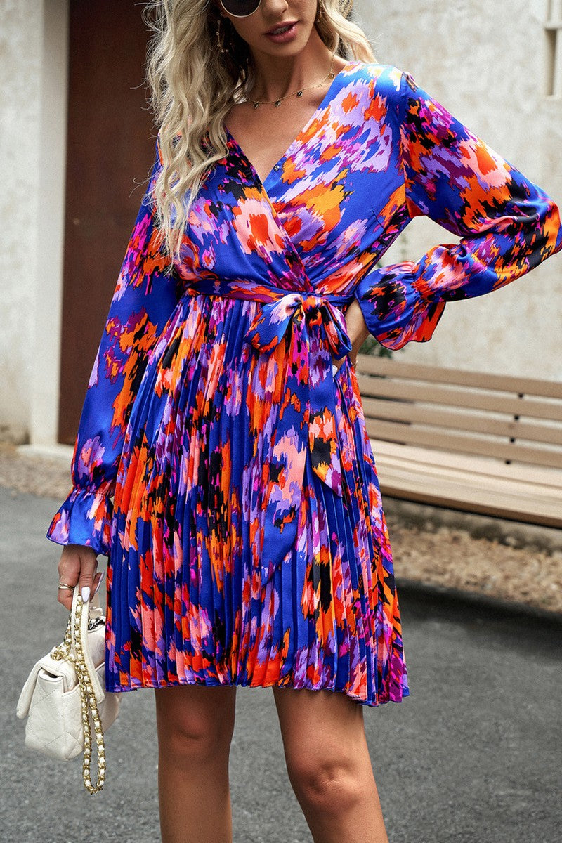 WOMEN ELEGANT FLORAL PLEATED CROSS WRAP DRESS