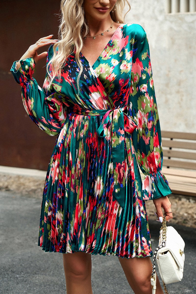 WOMEN ELEGANT FLORAL PLEATED CROSS WRAP DRESS