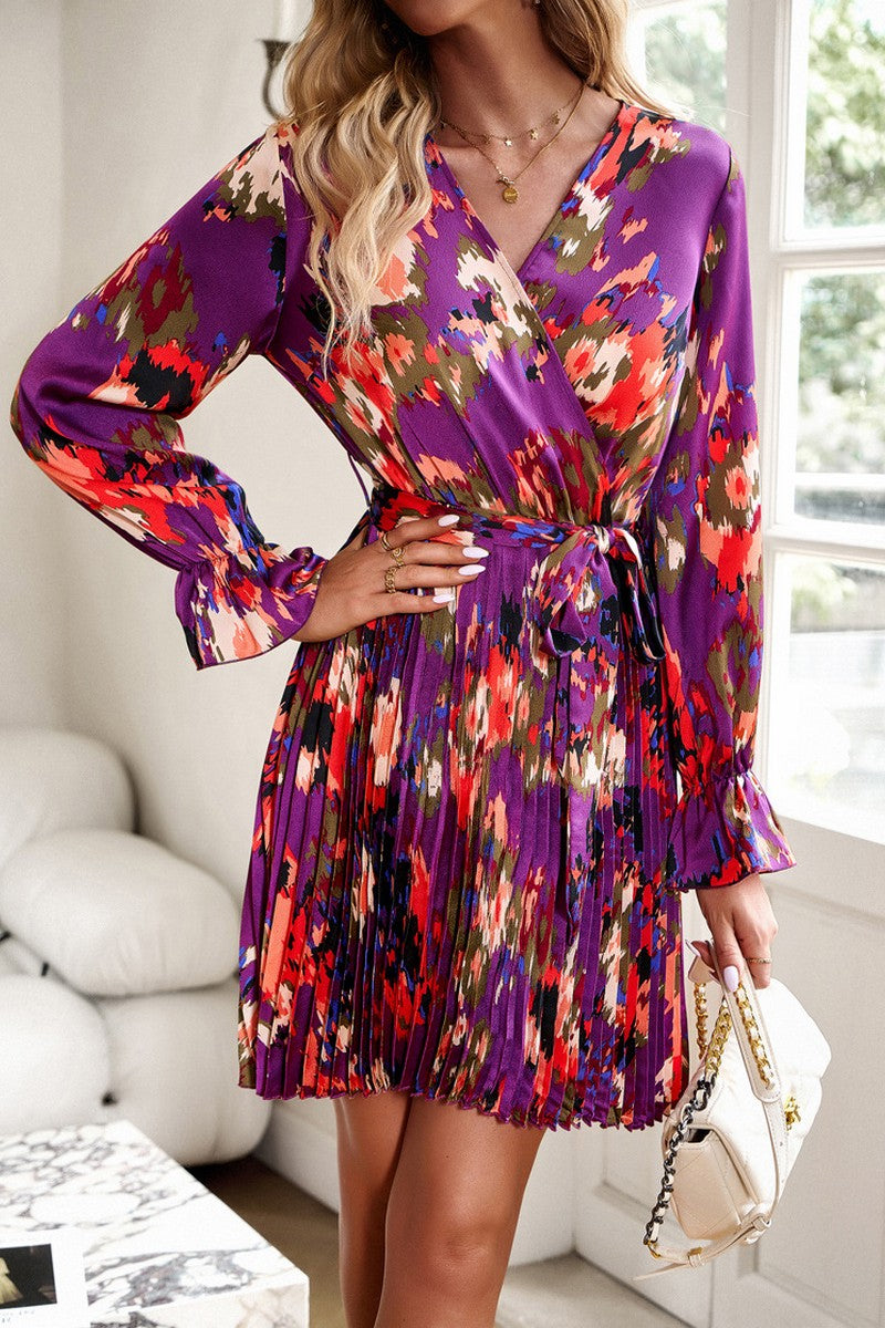 WOMEN ELEGANT FLORAL PLEATED CROSS WRAP DRESS