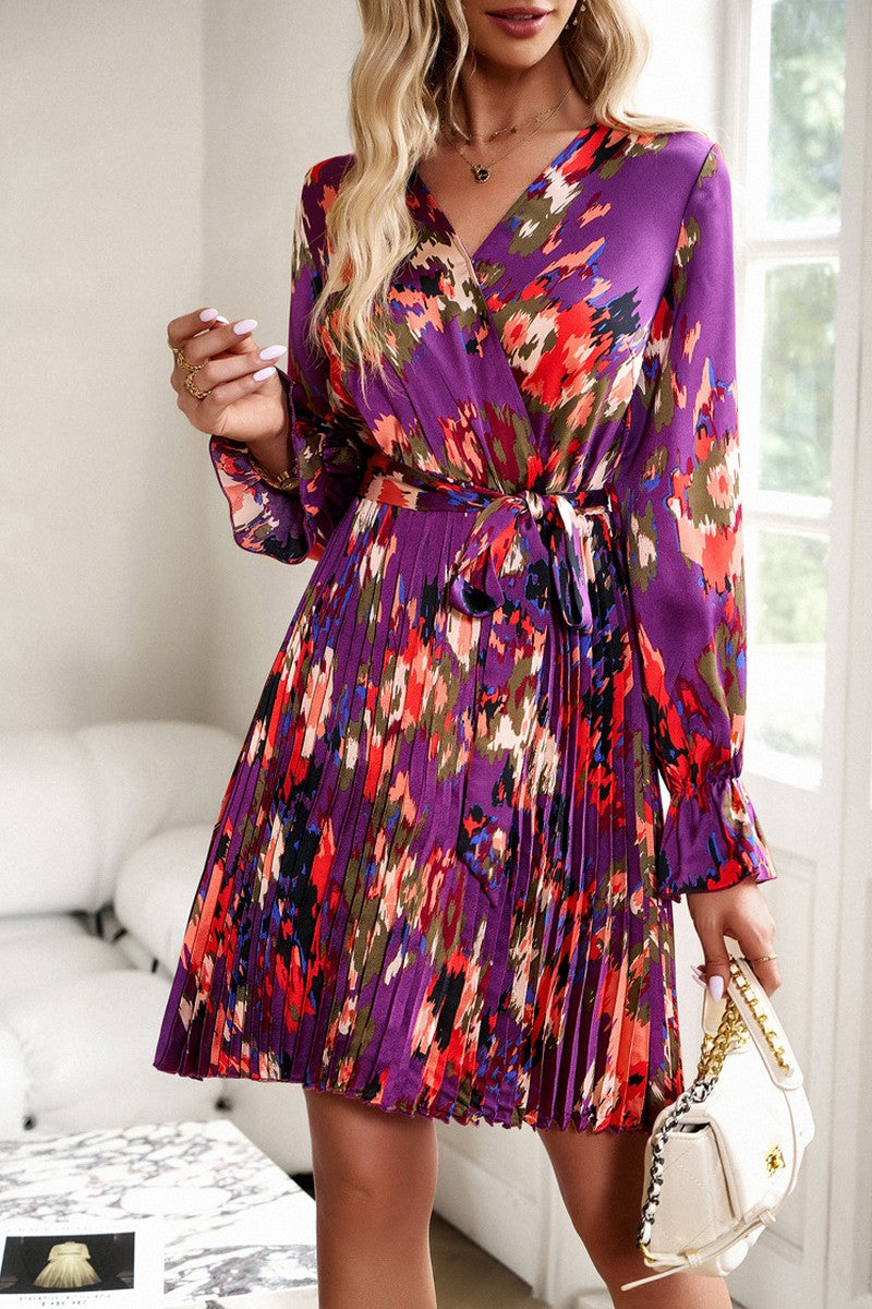 WOMEN ELEGANT FLORAL PLEATED CROSS WRAP DRESS