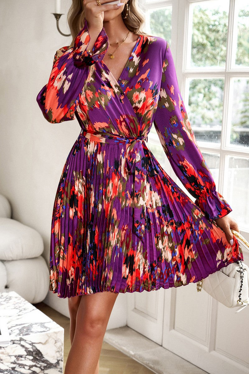 WOMEN ELEGANT FLORAL PLEATED CROSS WRAP DRESS