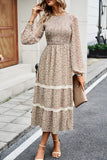 WOMEN LONG SLEEVE LACE TRIM MAXI FLORAL DRESS