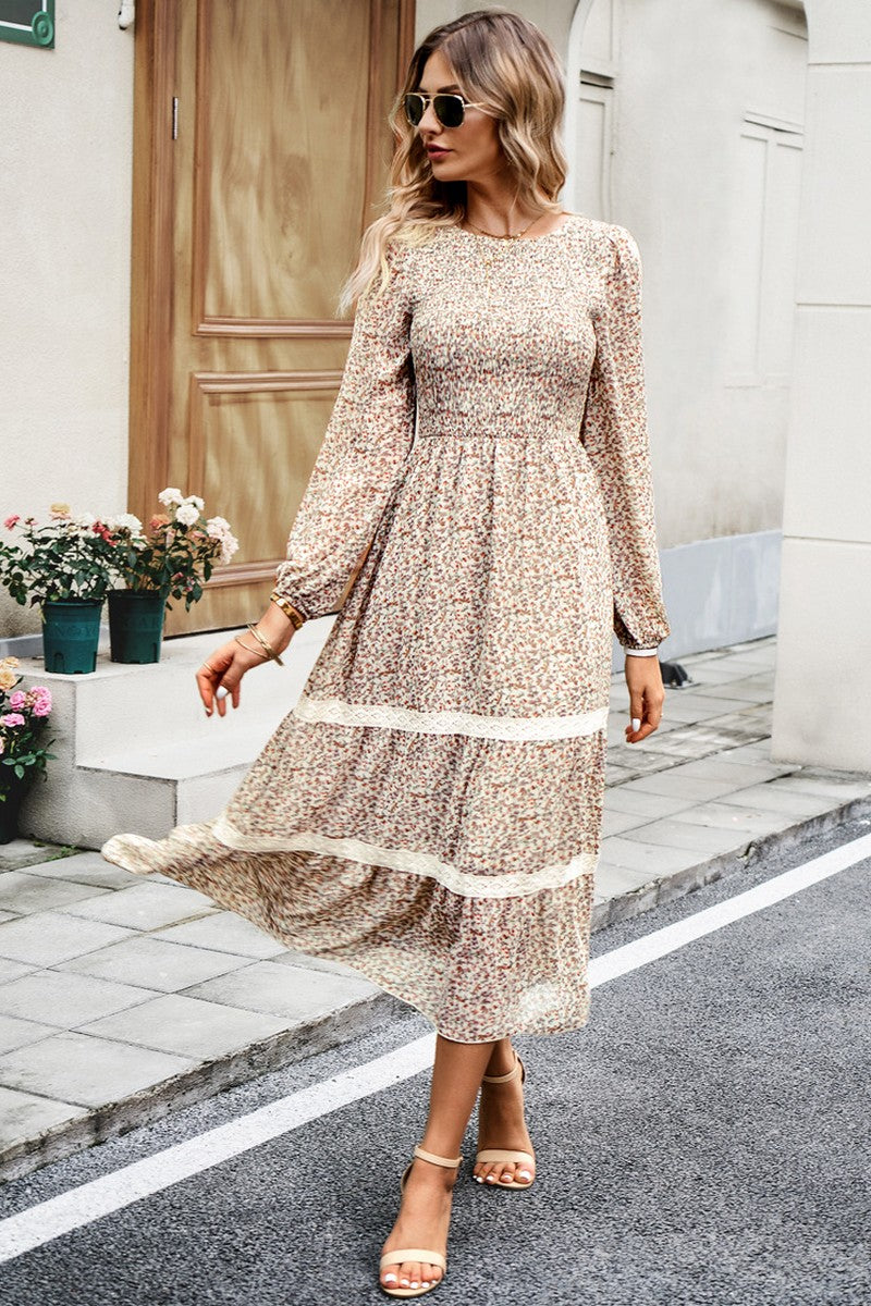 WOMEN LONG SLEEVE LACE TRIM MAXI FLORAL DRESS