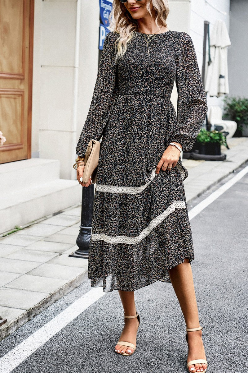 WOMEN LONG SLEEVE LACE TRIM MAXI FLORAL DRESS