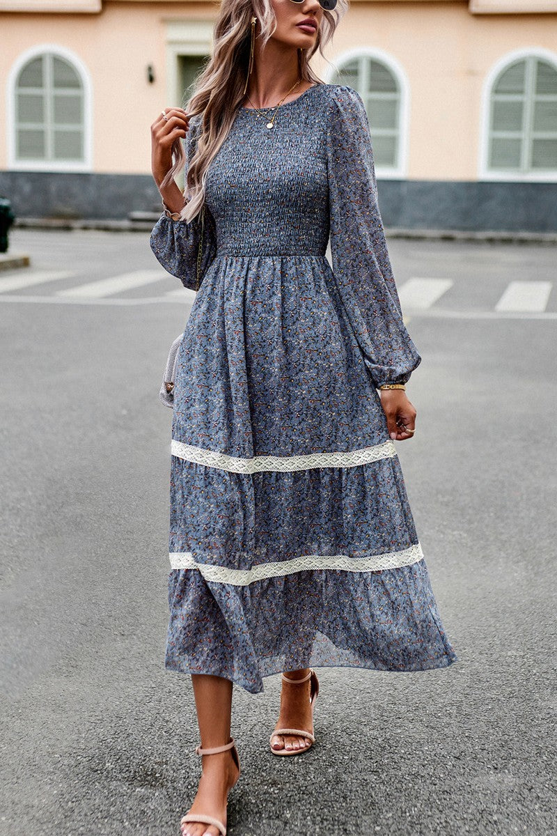 WOMEN LONG SLEEVE LACE TRIM MAXI FLORAL DRESS