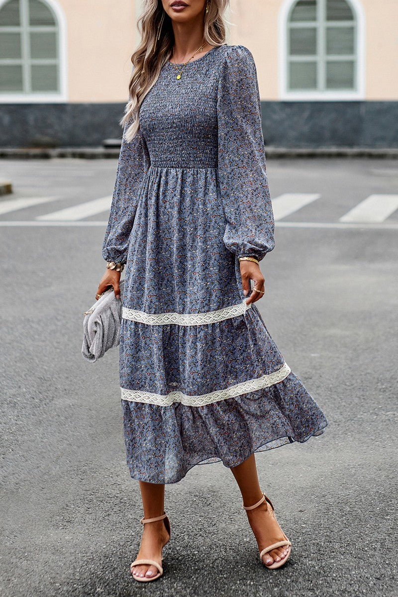 WOMEN LONG SLEEVE LACE TRIM MAXI FLORAL DRESS