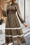 WOMEN LONG SLEEVE LACE TRIM MAXI FLORAL DRESS