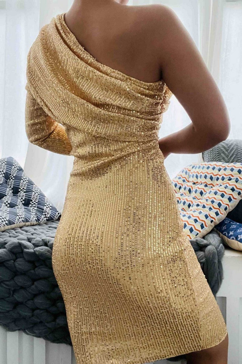 WOMEN HALF OFF SHOULDER MINI LENGTH SEQUIN DRESS