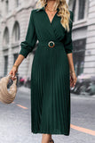 WOMEN BELTED CROSS WRAP PLEATED LONG LENGTH DRESS