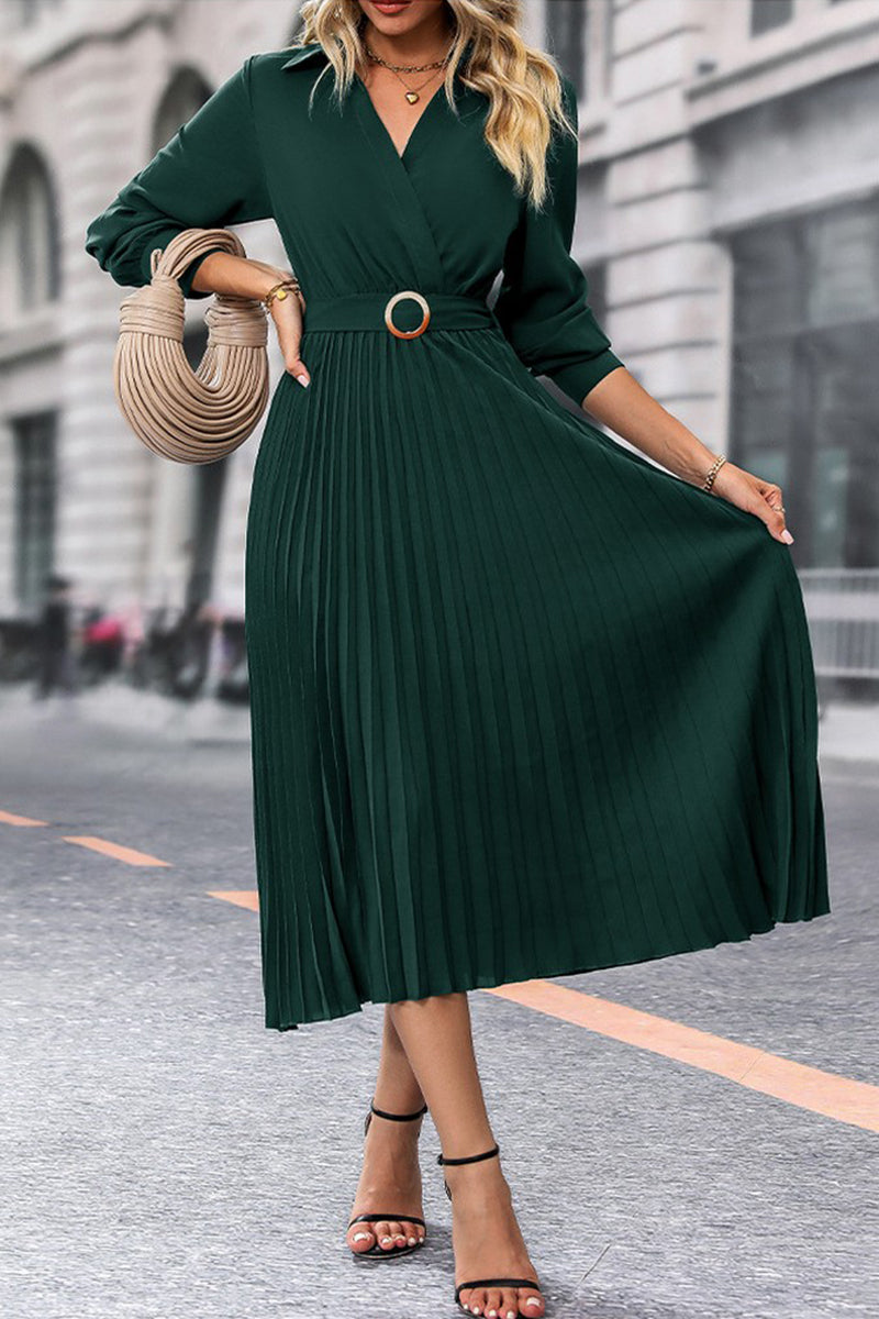 WOMEN BELTED CROSS WRAP PLEATED LONG LENGTH DRESS