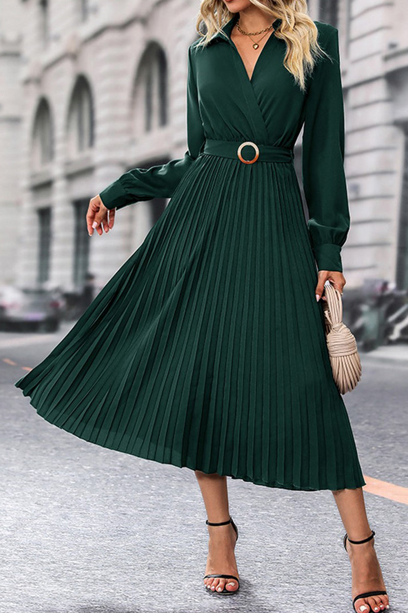 WOMEN BELTED CROSS WRAP PLEATED LONG LENGTH DRESS