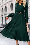 WOMEN BELTED CROSS WRAP PLEATED LONG LENGTH DRESS