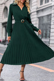 WOMEN BELTED CROSS WRAP PLEATED LONG LENGTH DRESS