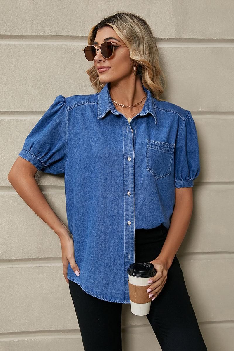 SHORT PUFF SLEEVE BUTTON DOWN DENIM SHIRTS - Doublju