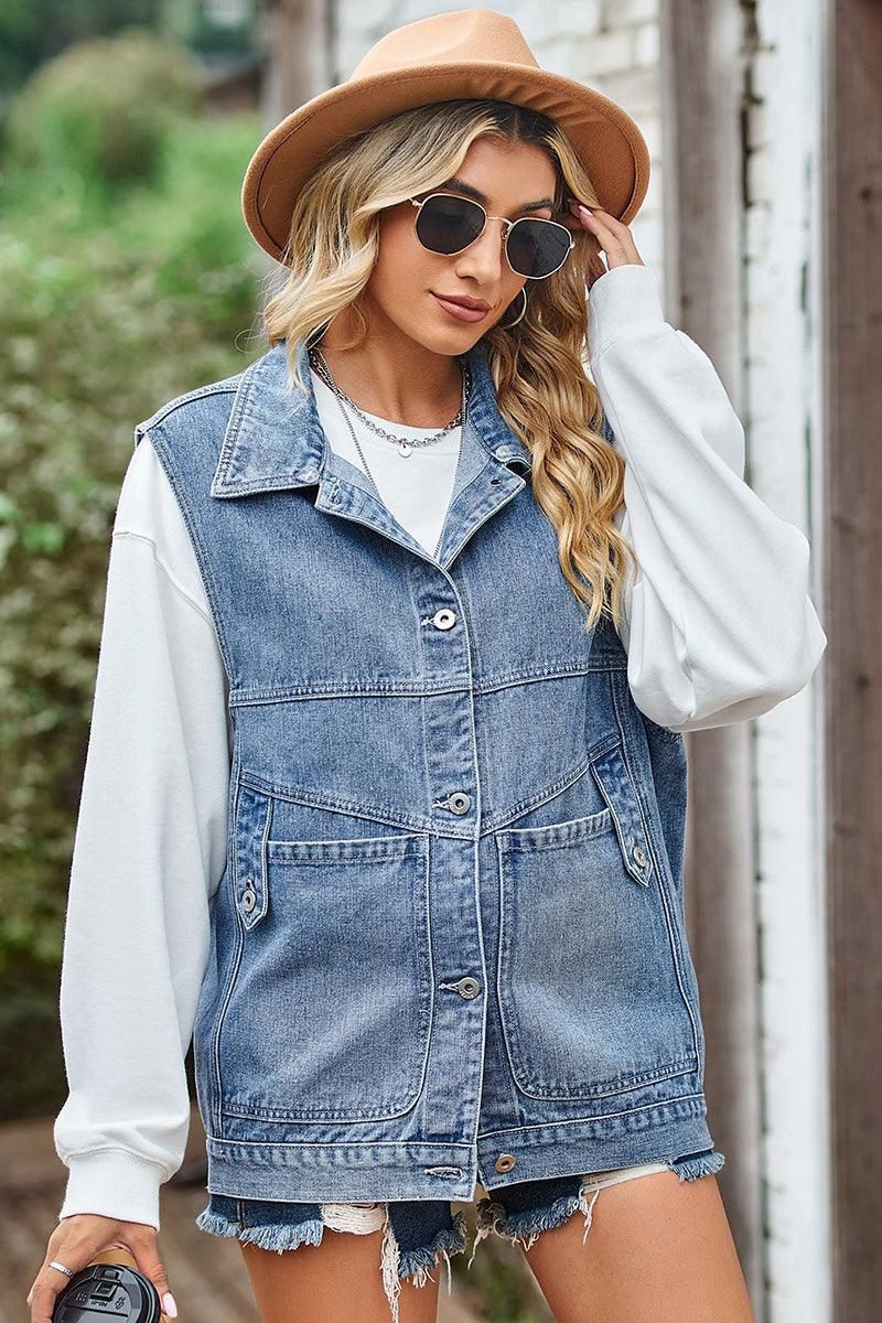 VINTAGE BUCKELE POCKET COLLAR DENIM VEST - Doublju