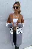 WOMEN LEOPARD COLOR BLOCK OPEN FRONT LONG CARDIGAN - Doublju