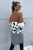 WOMEN LEOPARD COLOR BLOCK OPEN FRONT LONG CARDIGAN - Doublju