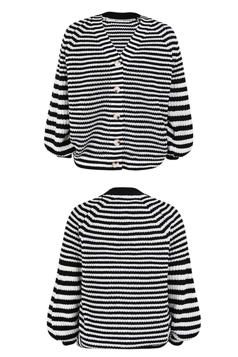 LOOSE FIT STRIPE PATTERN BUTTON DOWN CARDIGAN - Doublju