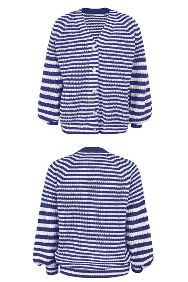 LOOSE FIT STRIPE PATTERN BUTTON DOWN CARDIGAN - Doublju