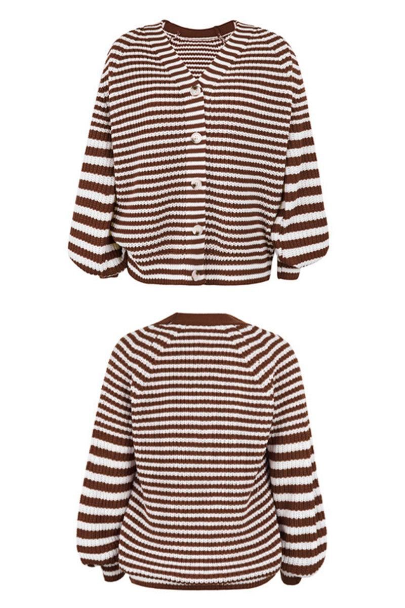 LOOSE FIT STRIPE PATTERN BUTTON DOWN CARDIGAN - Doublju