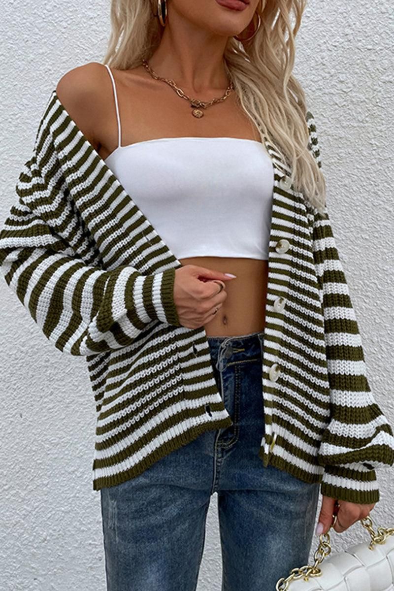 LOOSE FIT STRIPE PATTERN BUTTON DOWN CARDIGAN - Doublju