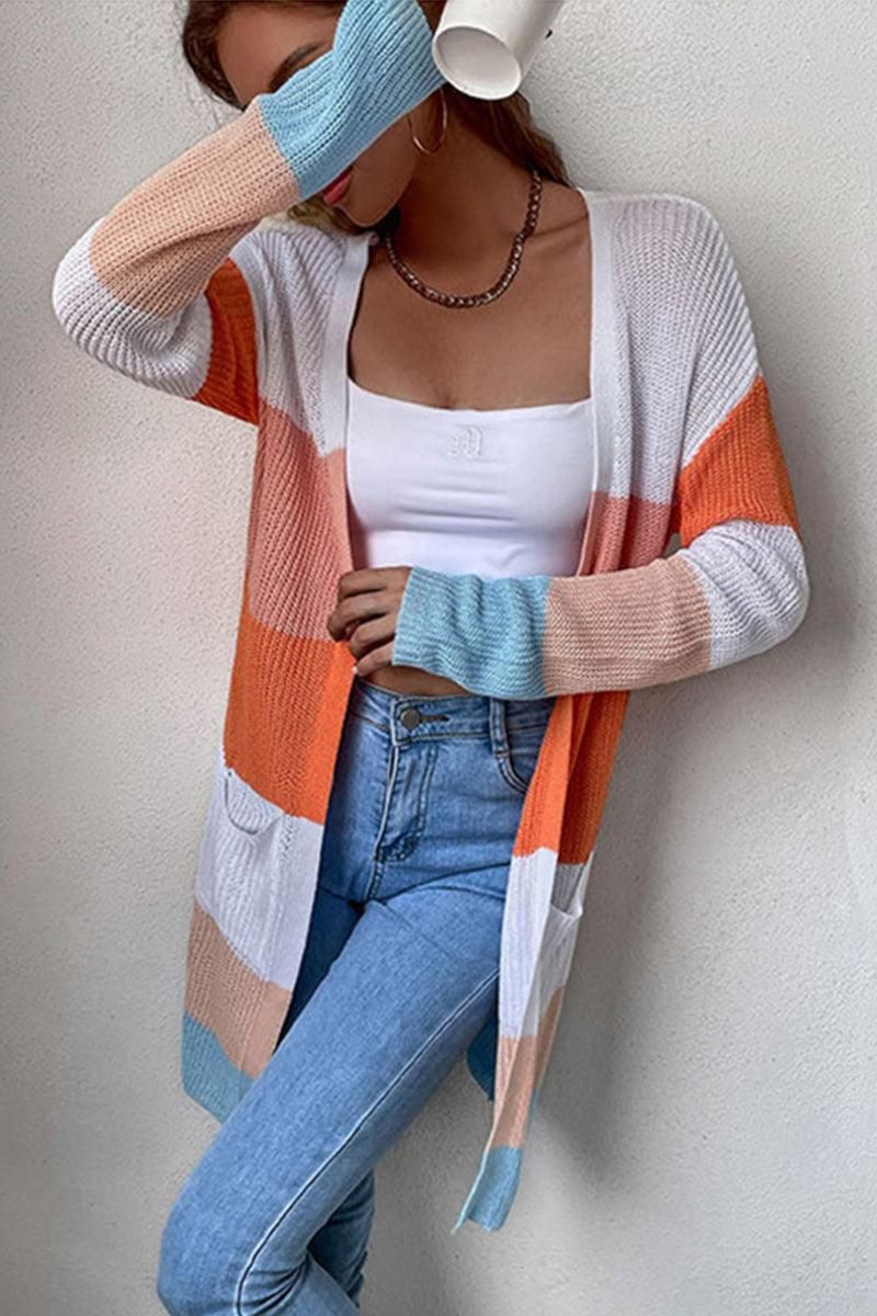 COLOR BLOCKED OPEN FRONT KNIT CARDIGAN - Doublju