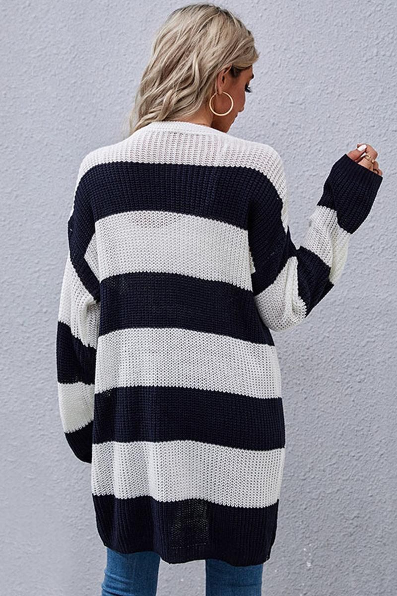 STRIPE PATTERN OPEN FRONT CASUAL CARDIGAN - Doublju