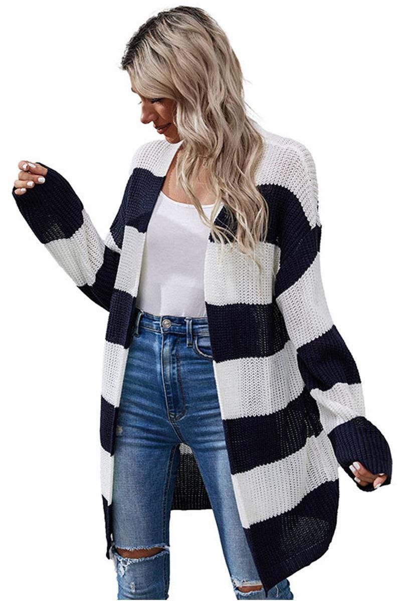 STRIPE PATTERN OPEN FRONT CASUAL CARDIGAN - Doublju