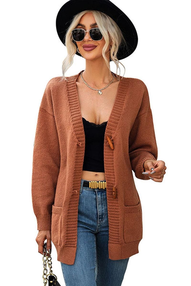 TOGGLE CLOSURE RIBBED CARDIGAN WITH POCKETS - Doublju