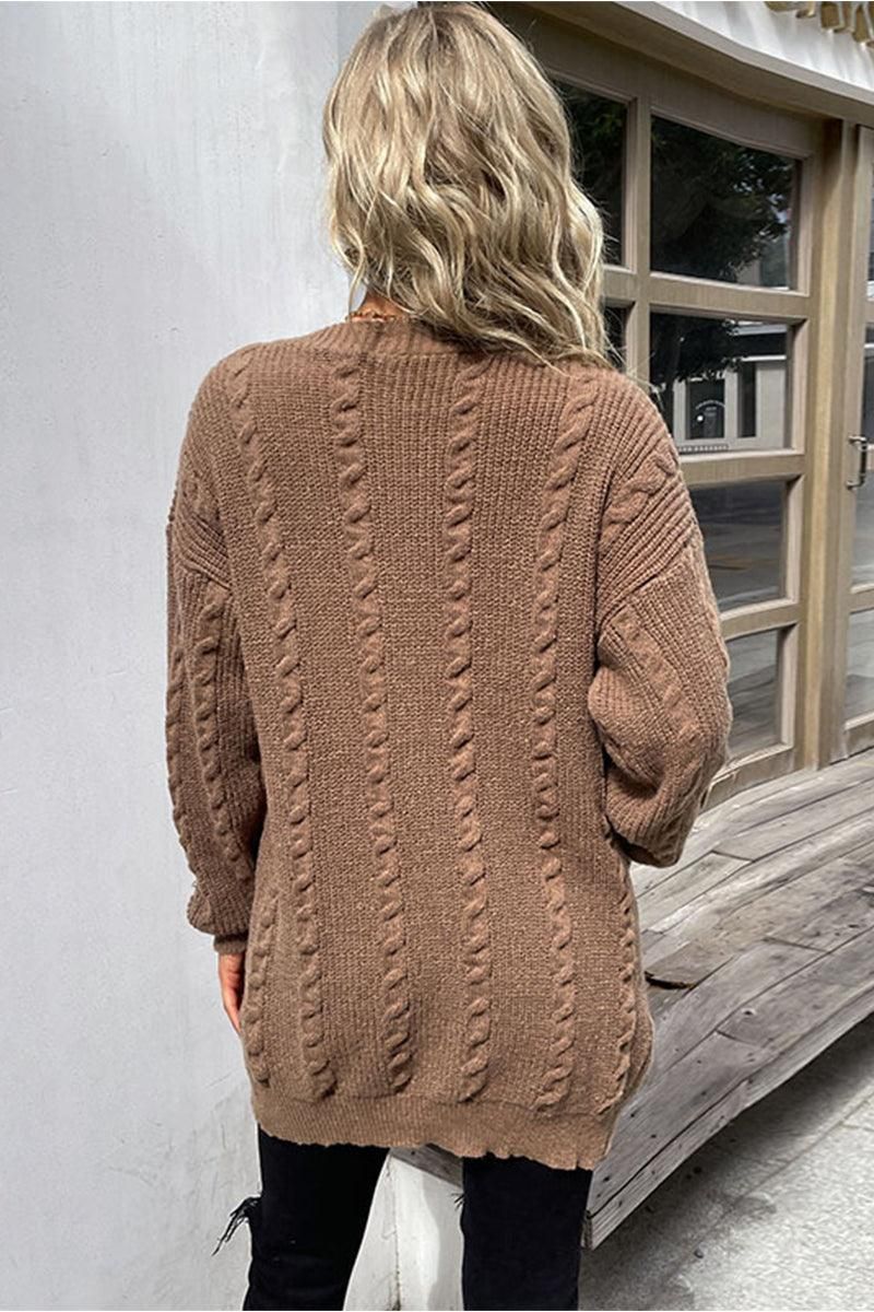 CABLE KNIT OPEN FRONT MIDI LENGH CARDIGAN - Doublju