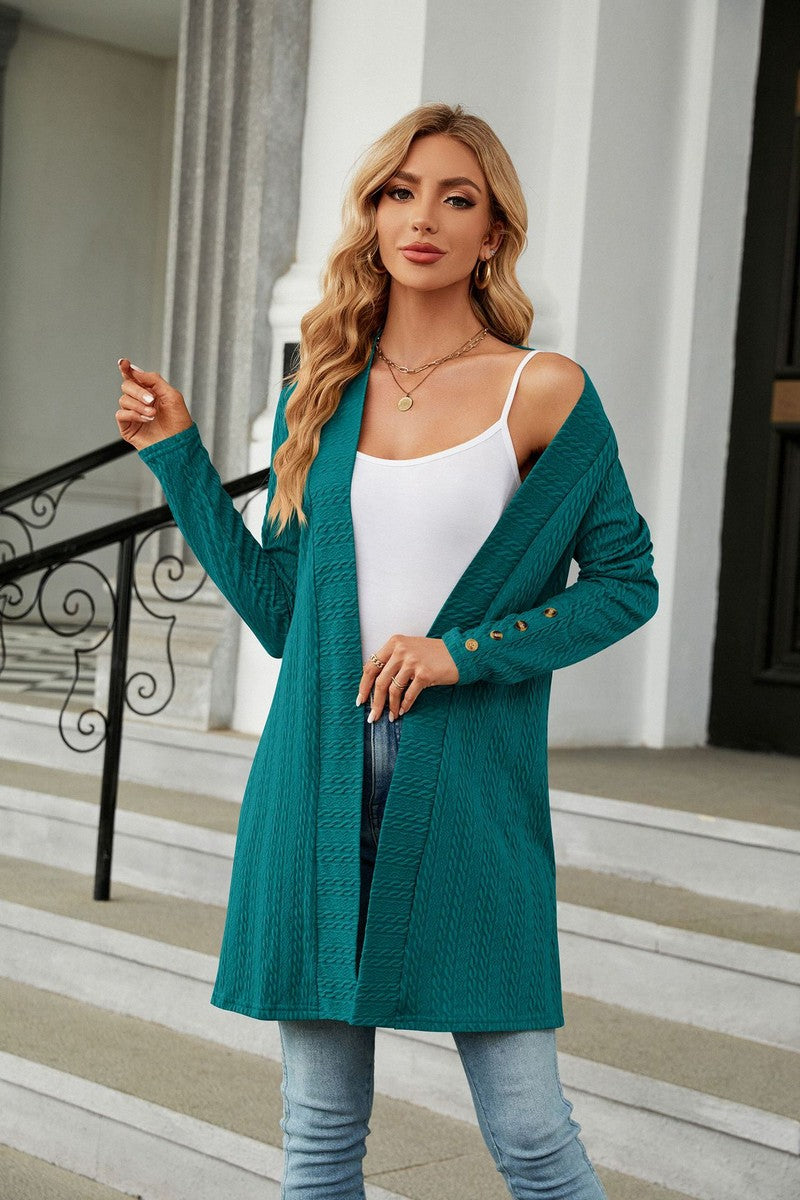 WOMEN TWIST STITCHED OPEN FRONT MID CARDIGAN