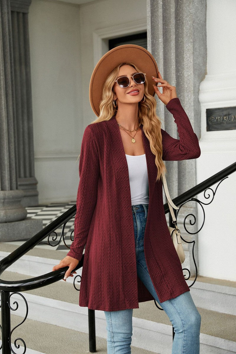 WOMEN TWIST STITCHED OPEN FRONT MID CARDIGAN