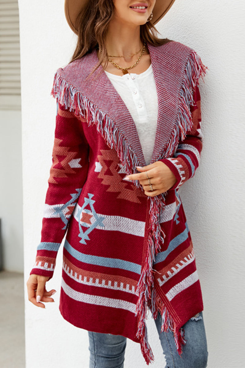 WOMEN AZTEC WESTERN PATTERN TASSLE KNIT CARDIGAN