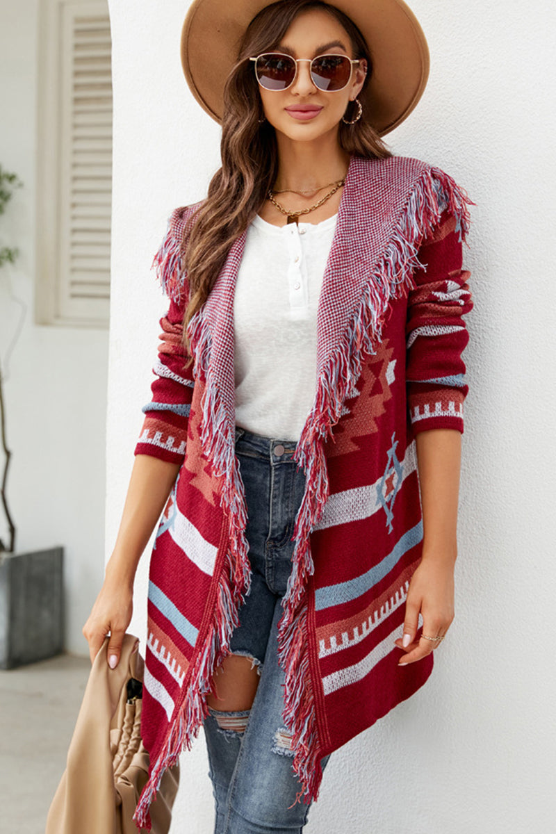 WOMEN AZTEC WESTERN PATTERN TASSLE KNIT CARDIGAN