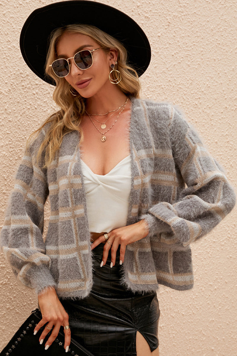 WOMEN PLAID PATTERN FURRY WARM SHORT JACKET