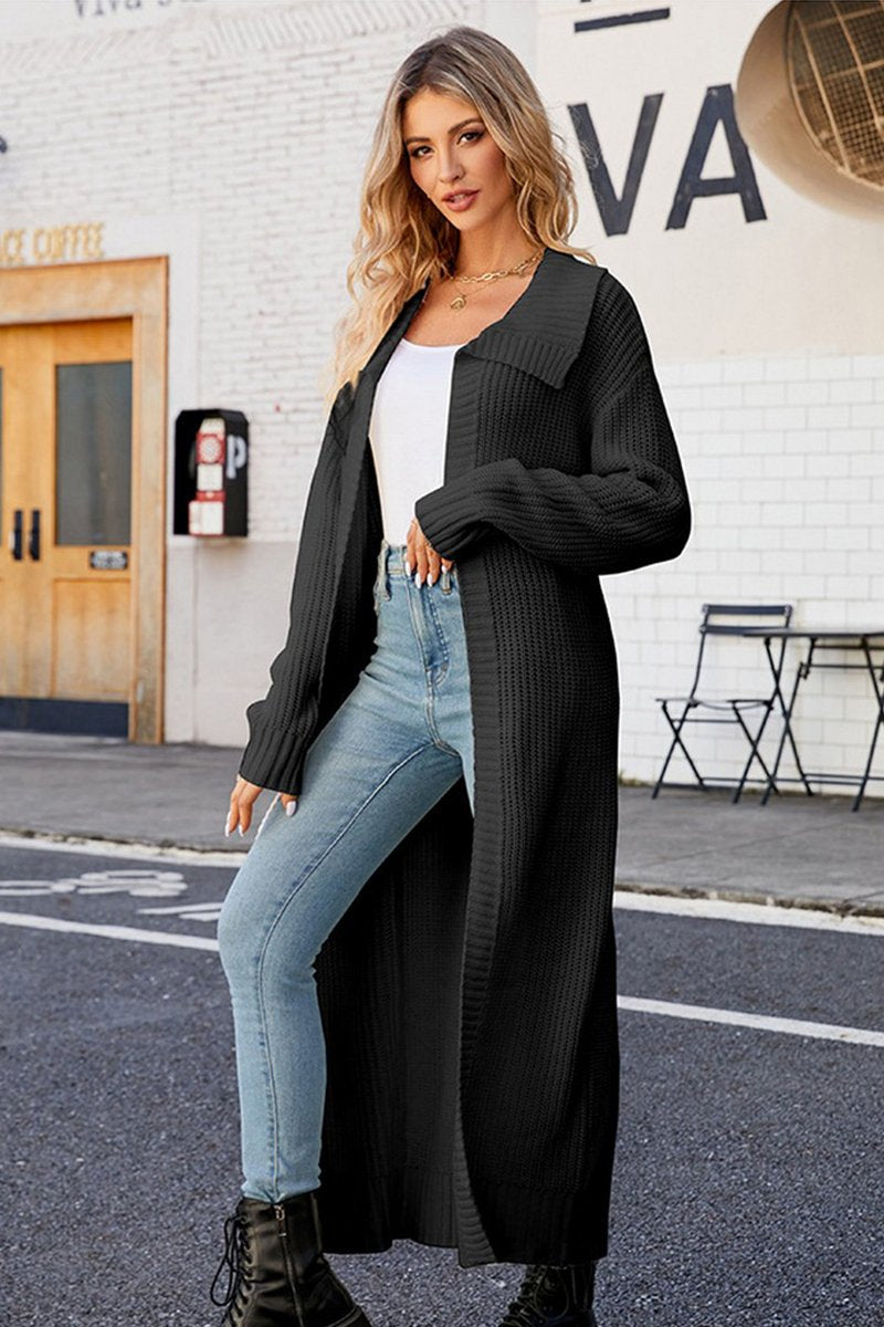 WOMEN WAFFLE KNIT LAPEL LONG LENGTH CARDIGAN