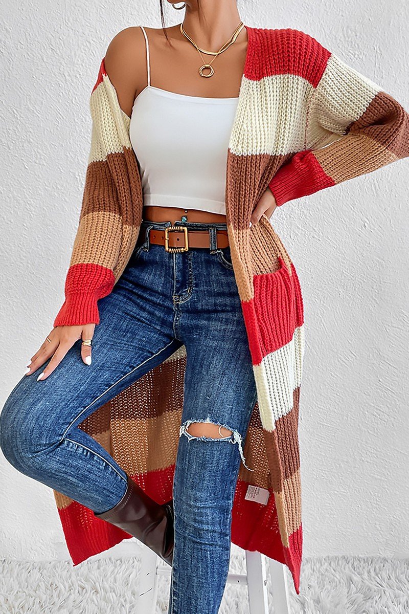 WOMEN COLOR BLOCKED LONG LENGTH KNIT CARDIGAN