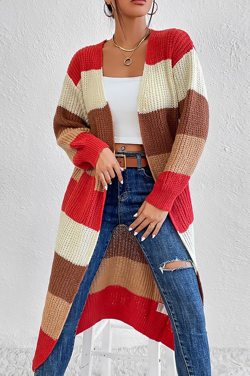 WOMEN COLOR BLOCKED LONG LENGTH KNIT CARDIGAN