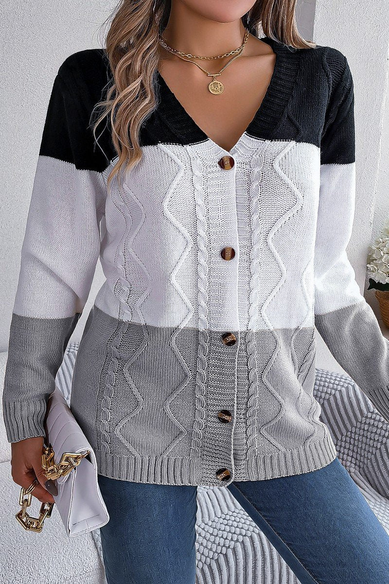 WOMEN V NECK COLOR BLOCK BUTTON DOWN CARDIGAN