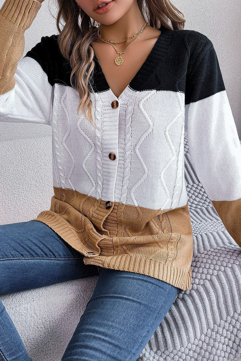 WOMEN V NECK COLOR BLOCK BUTTON DOWN CARDIGAN