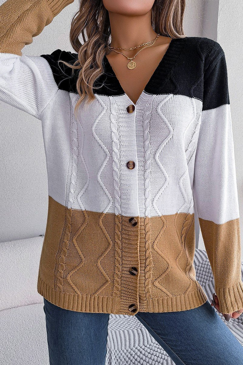 WOMEN V NECK COLOR BLOCK BUTTON DOWN CARDIGAN