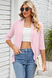 QUARTER SLEEVE RUFFLED FRONT OPEN CARDIGAN - Doublju