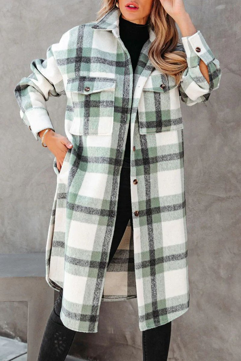 WOMEN LONG PLAID PATTERN BUTTONED WINTER COAT