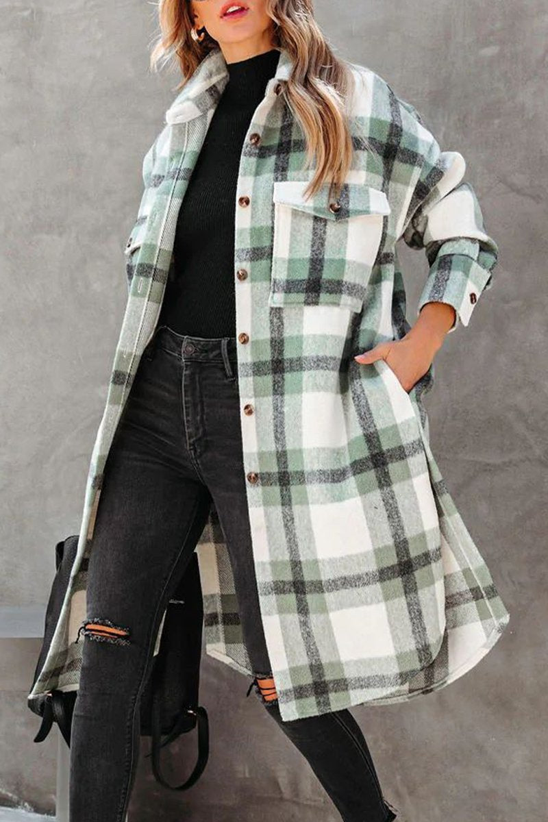 WOMEN LONG PLAID PATTERN BUTTONED WINTER COAT