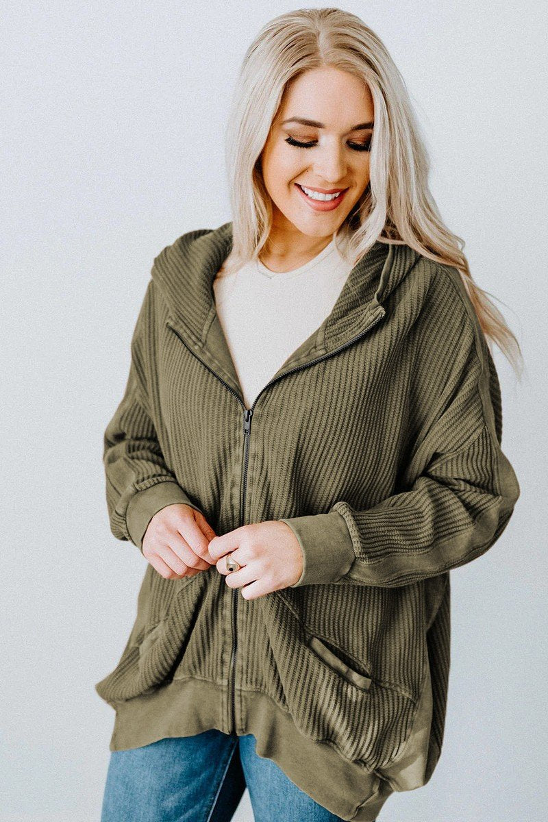 WOMEN OVERSIZED LOOSE ZIP UP KNIT HOODIE JACKET