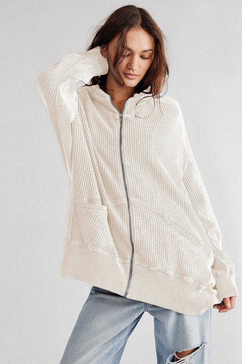 WOMEN OVERSIZED LOOSE ZIP UP KNIT HOODIE JACKET