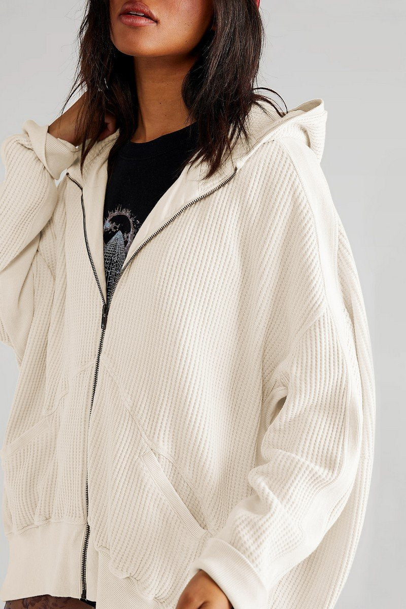 WOMEN OVERSIZED LOOSE ZIP UP KNIT HOODIE JACKET